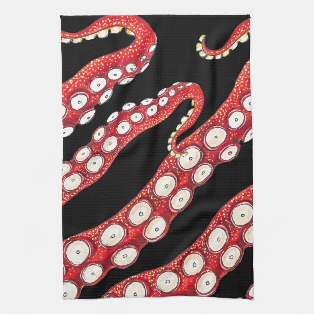 Red Kraken Octopus Tentacles Black Tea Towel (Vertical)