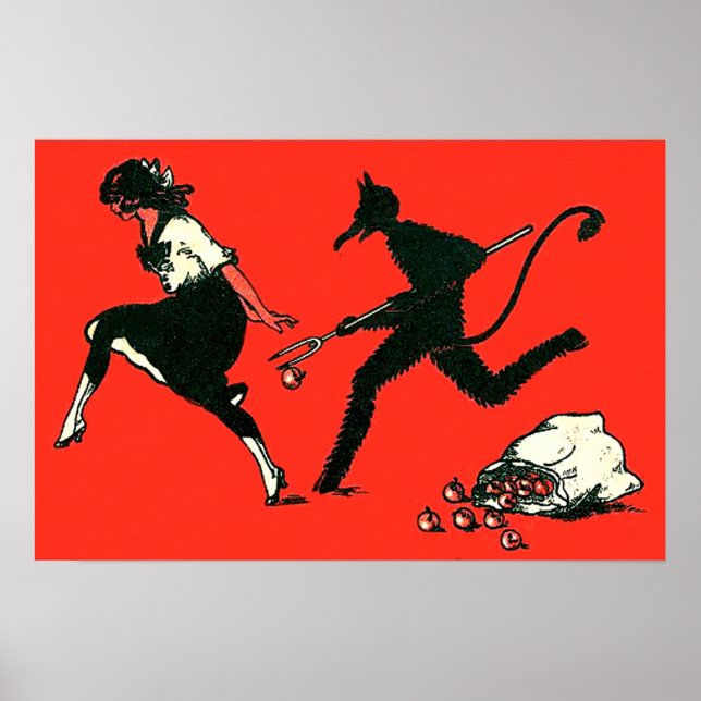 Red Krampus Chasing Woman Apples Poster (Front)