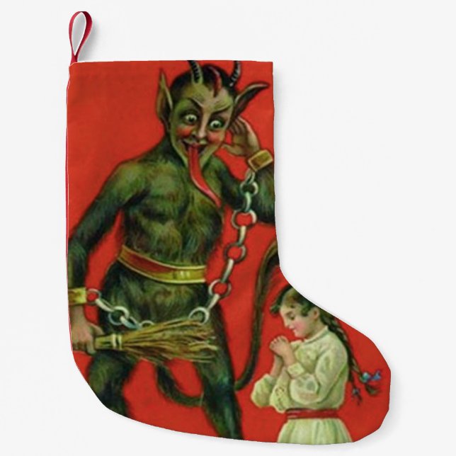Red Krampus Punishing Praying Girl Small Christmas Stocking (Front)