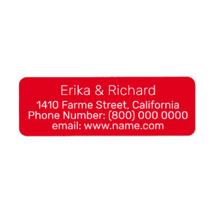 Red label with our names and address information