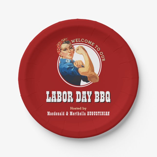 Red LABOR DAY BBQ Rosie Riveter  Paper Plate (Front)