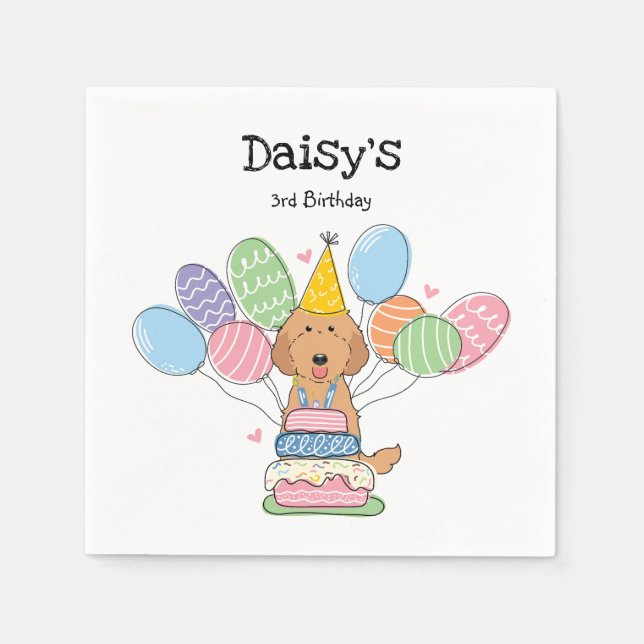 Red Labradoodle Dog Birthday Party Paper Napkins (Front)