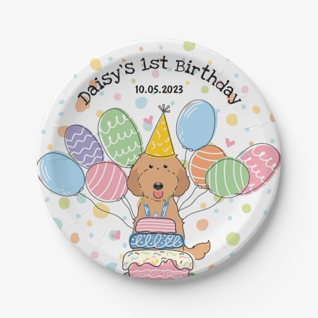 Red Labradoodle Dog Birthday Party Paper Plates (Front)