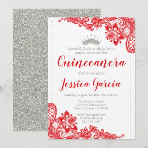 Red Lace and Silver Glitter Princess Quinceañera Invitation
