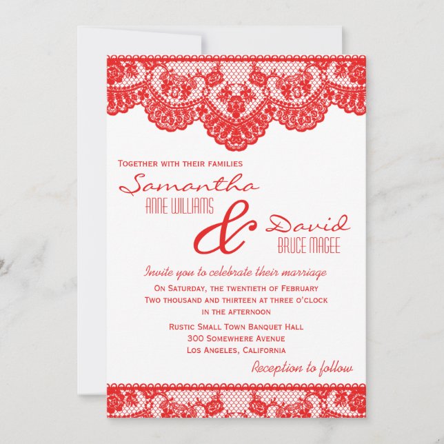 Red Lace and White Wedding Invitation (Front)