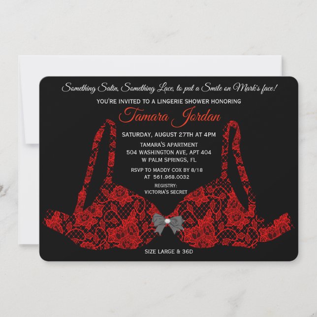 Red Lace Bra Lingerie Shower Invitation (Front)