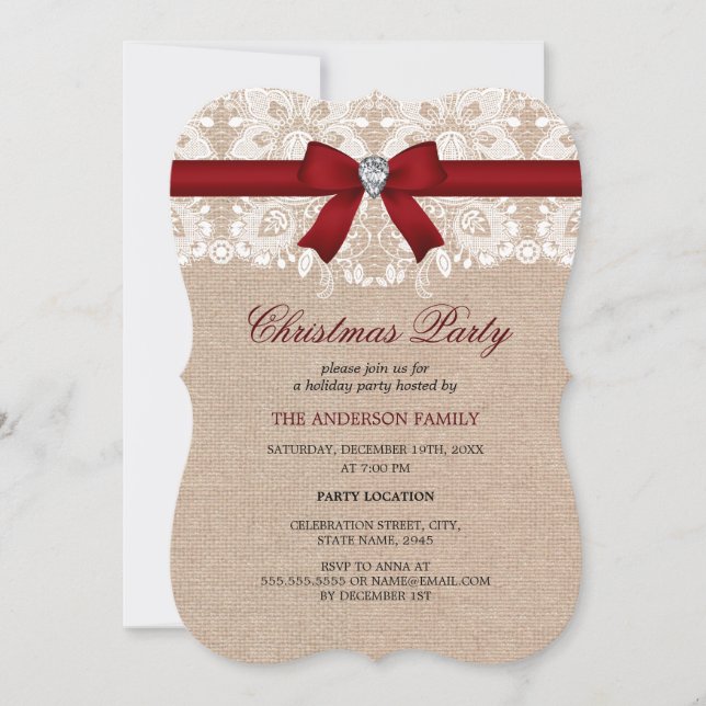 Red Lace & Burlap Christmas Party Invitation (Front)