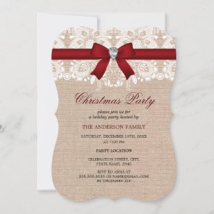 Red Lace & Burlap Christmas Party Invitation