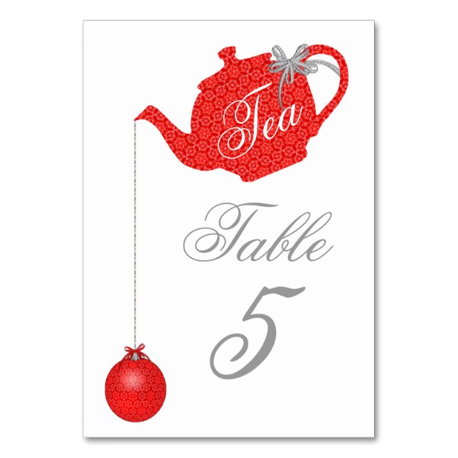 Red Lace Christmas Tea Party Table Number (Front)