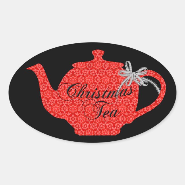 Red Lace Christmas Teapot Tea Party Oval Sticker (Front)