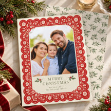 Red Lace Floral Family Photo Christmas