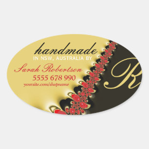 Red Lace & Gold Satin Handmade Label Oval Sticker