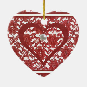 Red Lace Pattern Valentine's Ceramic Tree Decoration