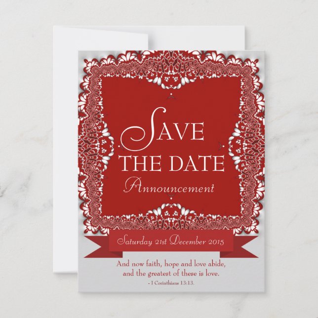 Red Lace Save the Date Wedding Announcement (Front)