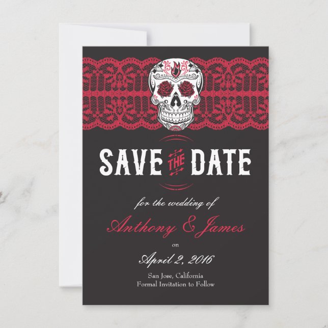 Red Lace Sugar Skull Save the Dates 4.5x6.25 Save The Date (Front)