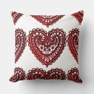 Red Lace Valentine Hearts Pattern Throw Pillow
