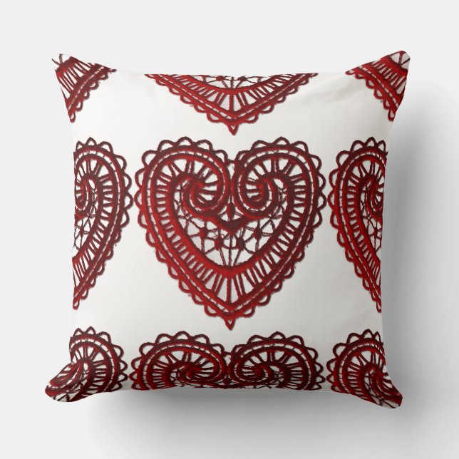 Red Lace Valentine Hearts Pattern Throw Pillow (Front)