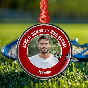 Red Lacrosse Player Photo High School Christmas Metal Tree Decoration