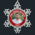 Red Lacrosse Player Photo High School Snowflake Pewter Christmas Ornament<br><div class="desc">This cool customized high school lacrosse player photo gift features white typography of your team and player name on a red snowflake Christmas ornament with a ball and rackets icon. Personalize with your athlete's photograph and class year as a proud sports parent.</div>