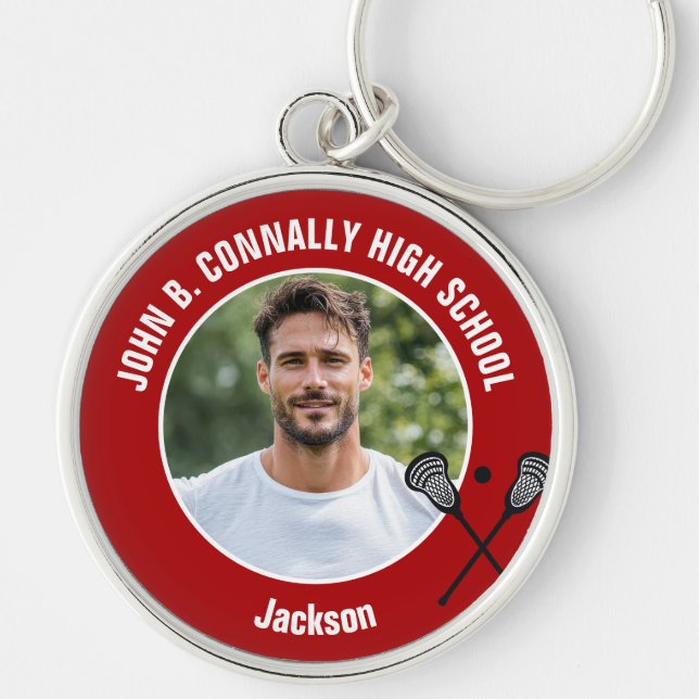 Red Lacrosse Player Photo High School Spirit Key Ring (Front)