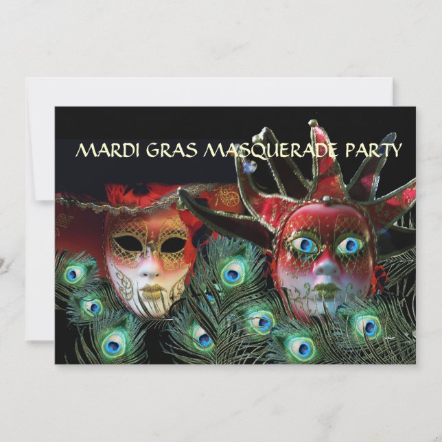 RED LADY AND JESTER MASK WITH  PEACOCK FEATHERS INVITATION (Front)