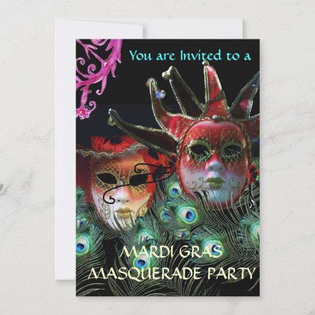 RED LADY AND JESTER MASK WITH  PEACOCK FEATHERS INVITATION (Front)