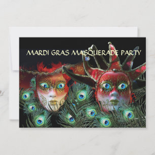 RED LADY AND JESTER MASK WITH  PEACOCK FEATHERS INVITATION
