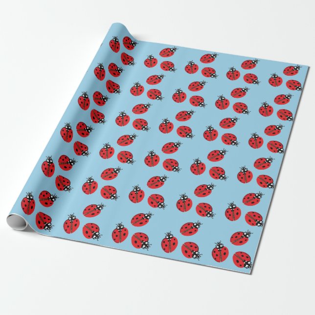 Red Lady Bug Illustration Light Blue Wrapping Paper (Unrolled)