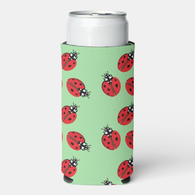 Red Lady Bug Illustration Light Green Seltzer Can Cooler (Seltzer Front)