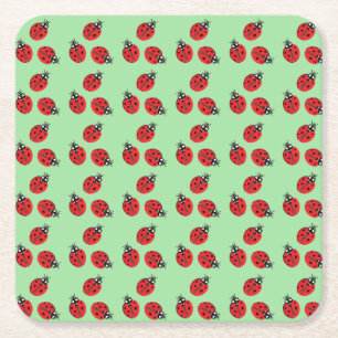 Red Lady Bug Illustration Light Green Square Paper Coaster