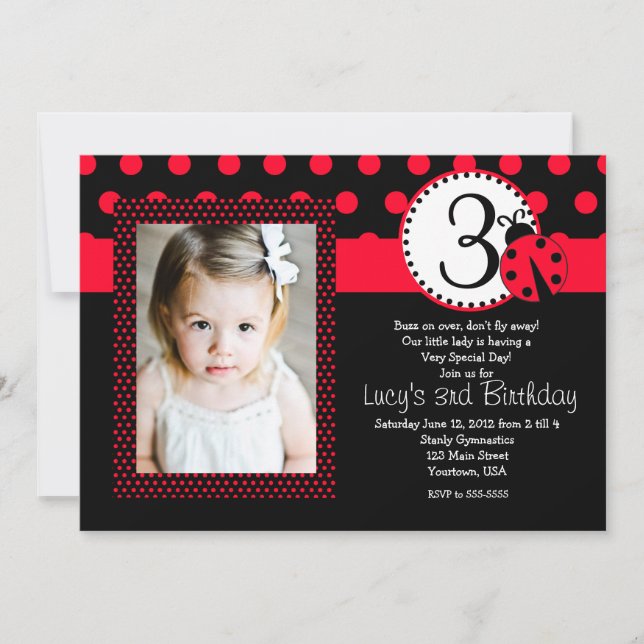 Red Lady Bug Party Birthday Invitation (Front)