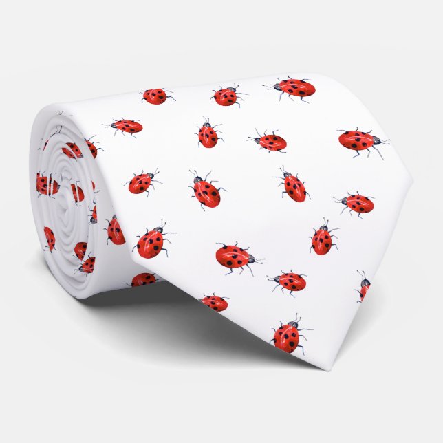  Red Lady Bugs on White Tie (Rolled)