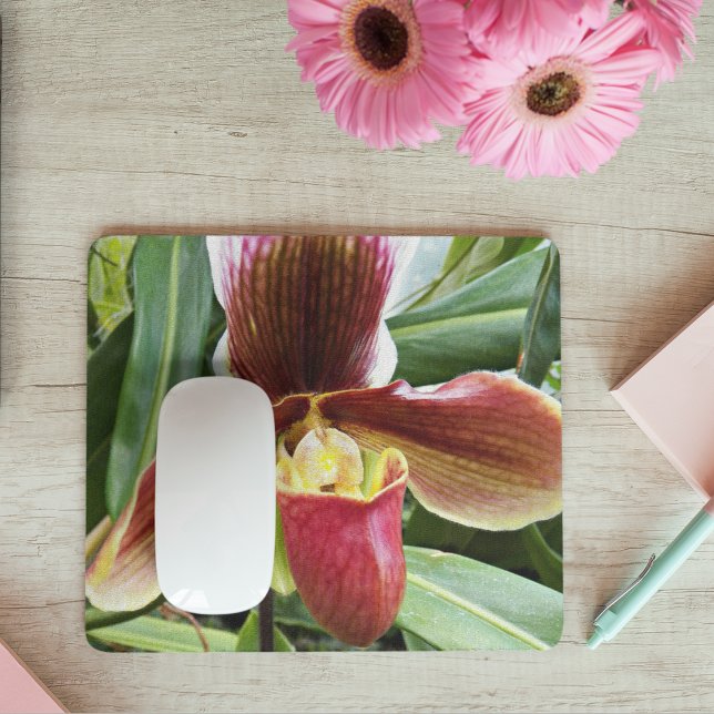 Red Lady Slipper Orchid Floral Mouse Mat (In Situ)