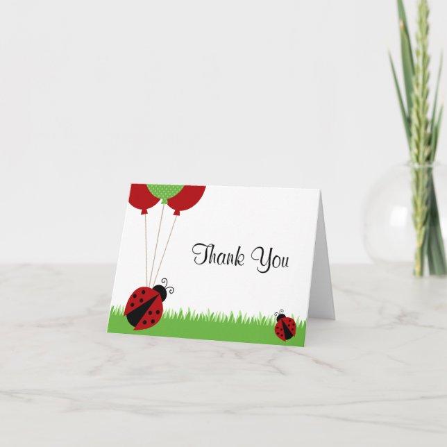 Red Ladybug Balloons Thank You Note Card (Front)