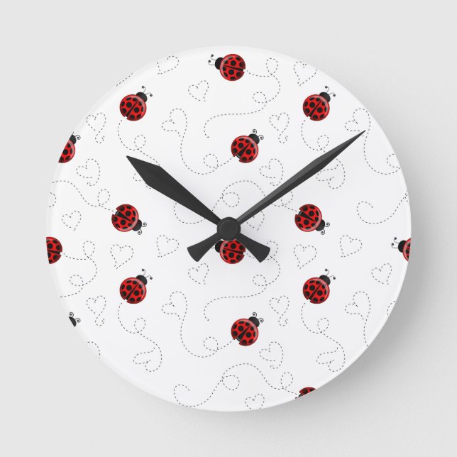 Red Ladybug Beetle Insect Lover Black Hearts Round Clock (Front)