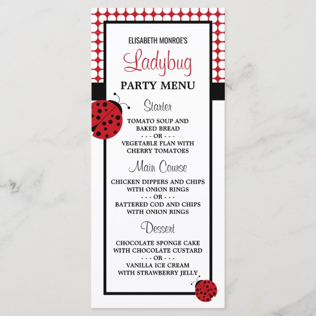 Red Ladybug Children's Birthday Party Menu (Front)