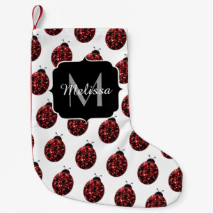 Red ladybug faux glitter sparkles Custom Monogram Small Christmas Stocking
