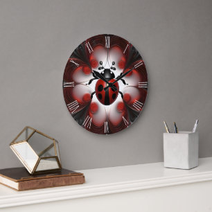 Red Ladybug Fractal Art Design, Large Clock