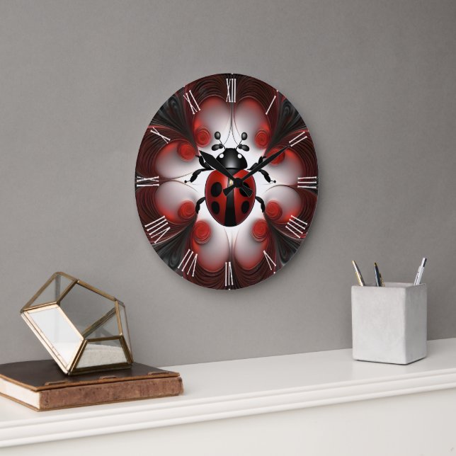 Red Ladybug Fractal Art Design, Large Clock (Office)