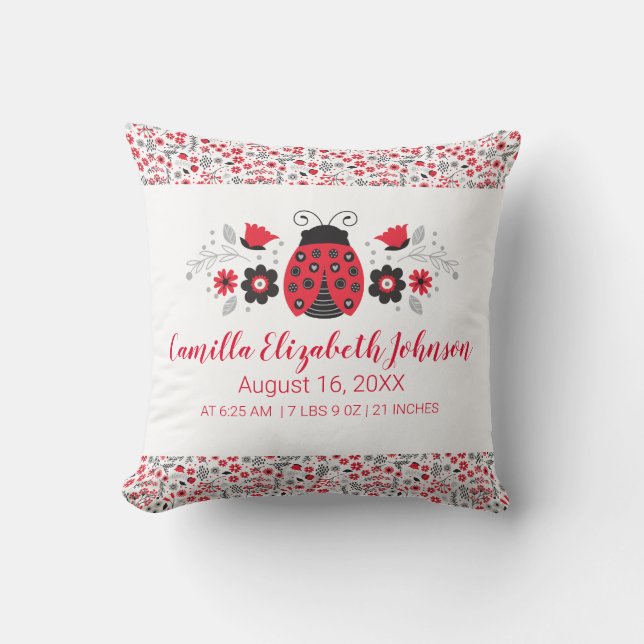 Red Ladybug Girl Birth Stats Nursery Cushion (Front)