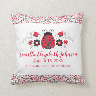 Red Ladybug Girl Birth Stats Nursery Cushion