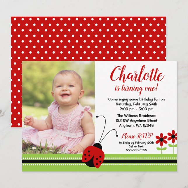 Red Ladybug Girl Birthday Photo Invitations (Front/Back)