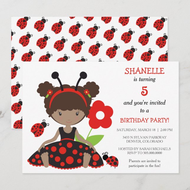 Red Ladybug Girls Birthday Party Invitation (Front/Back)