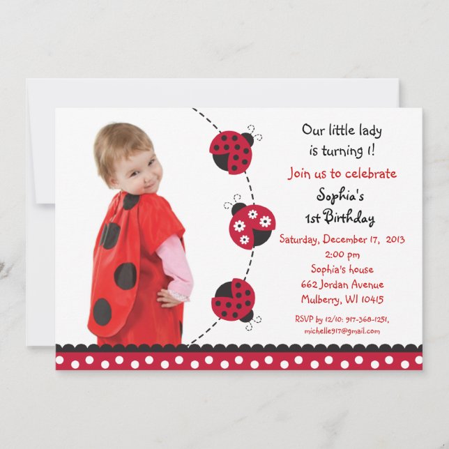 Red Ladybug Girls Photo Birthday Invitations (Front)