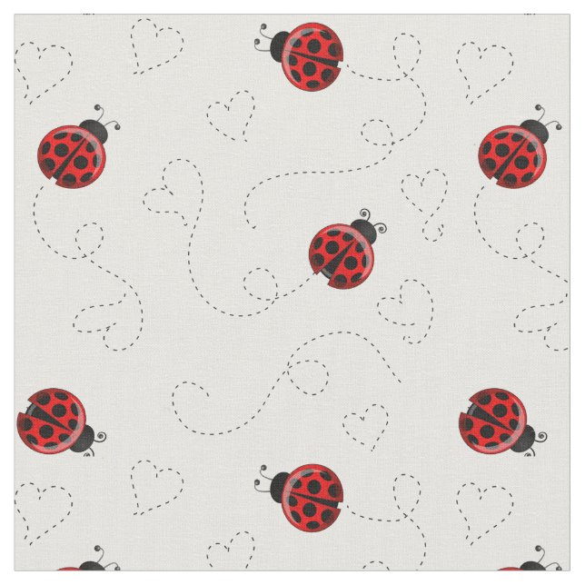 Red Ladybug Heart Trail Pattern Fabric (Close Up)