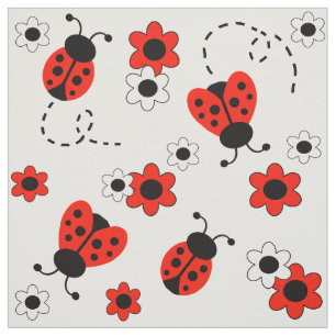 Red Ladybug Lady Bug Floral White Flowers Fabric