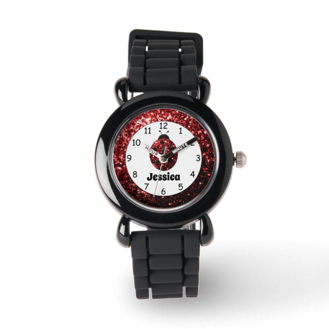 Red ladybug ladybird sparkles Custom name print Watch (Front)