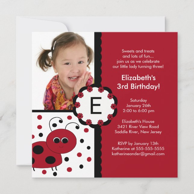 Red Ladybug Photo Birthday Invitation (Front)