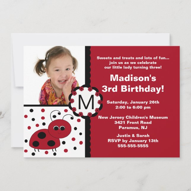 Red Ladybug Photo Birthday Invitation (Front)