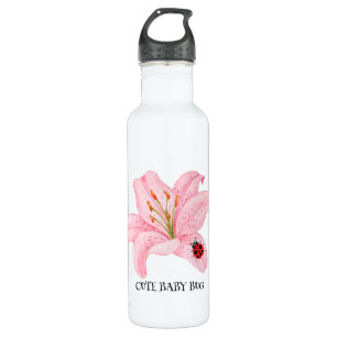 Red Ladybug pink Lily Flower custom name kid girl  710 Ml Water Bottle